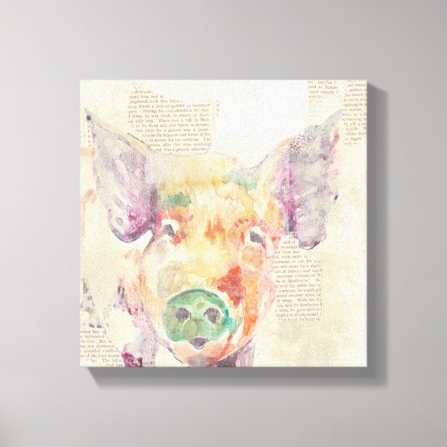 Watercolor Farm Collage Pig Canvas Print (Front)
