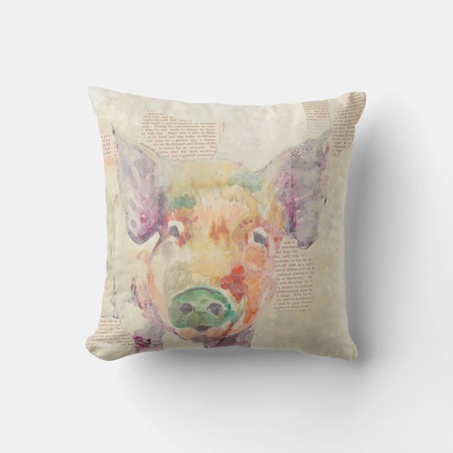 Watercolor Farm Collage Pig Cushion (Front)