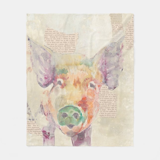 Watercolor Farm Collage Pig Fleece Blanket (Front)