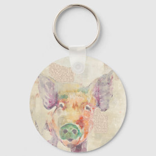Watercolor Farm Collage Pig Key Ring
