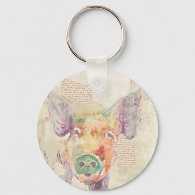 Watercolor Farm Collage Pig Key Ring (Front)