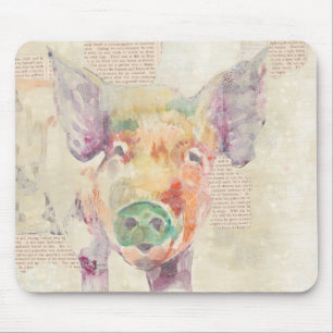 Watercolor Farm Collage Pig Mouse Mat