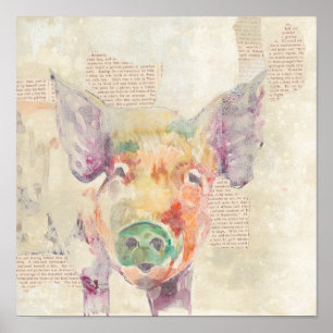 Watercolor Farm Collage Pig Poster