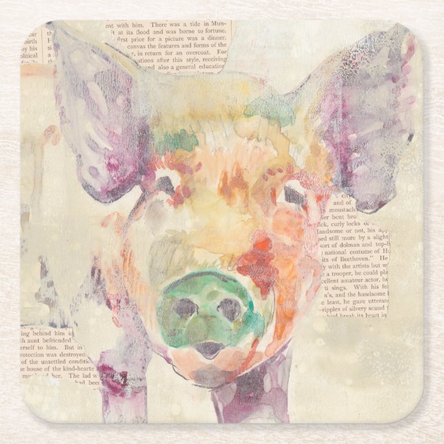Watercolor Farm Collage Pig Square Paper Coaster (Front)