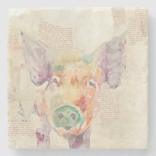 Watercolor Farm Collage Pig Stone Coaster
