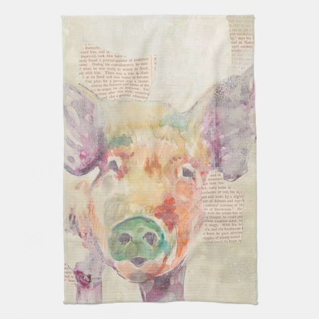 Watercolor Farm Collage Pig Tea Towel (Vertical)