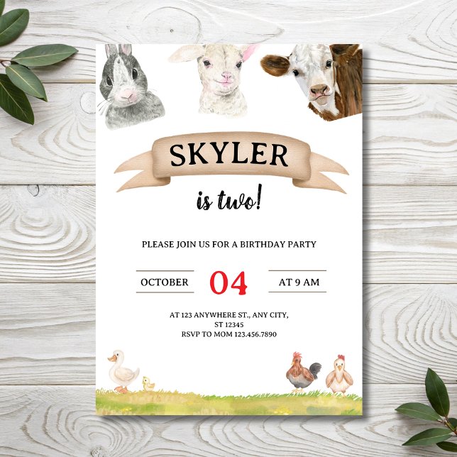 Watercolor Farm Friends Skyler is Two 2nd Birthday Invitation (Watercolor Farm Friends Skyler is Two 2nd Birthday Invitation
)