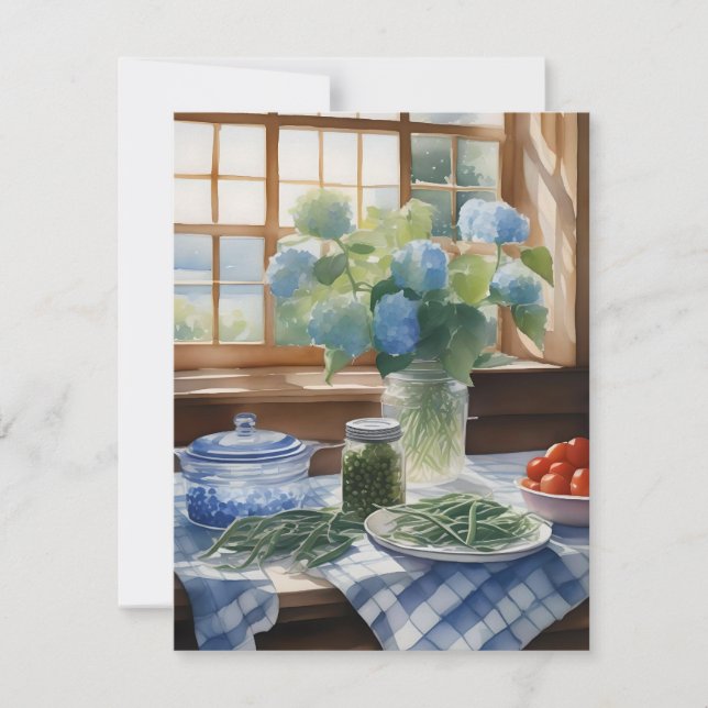 Watercolor Farm Kitchen Table With Green Beans B Holiday Card (Front)