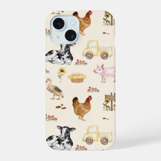 Watercolor Farm Scene Seamless Pattern iPhone 15 Case