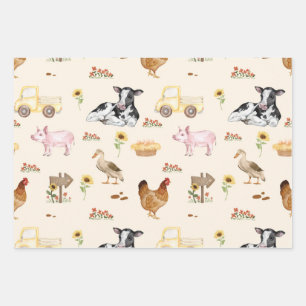 Watercolor Farm Scene Seamless Pattern Wrapping Paper Sheet