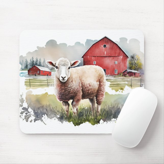 Watercolor Farm Sheep Mouse Mat (With Mouse)
