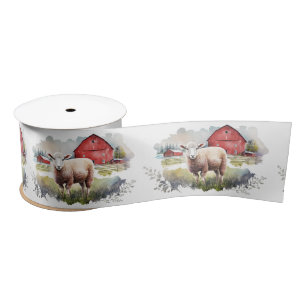 Watercolor Farm Sheep Satin Ribbon