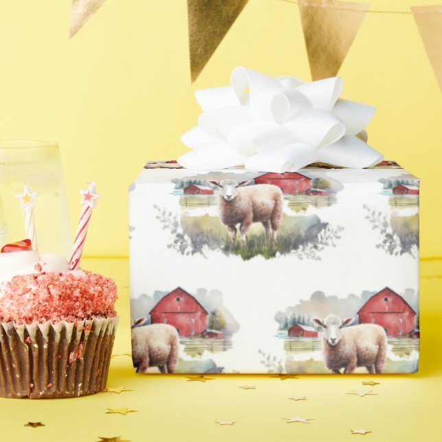 Watercolor Farm Sheep Wrapping Paper (Birthday Party)