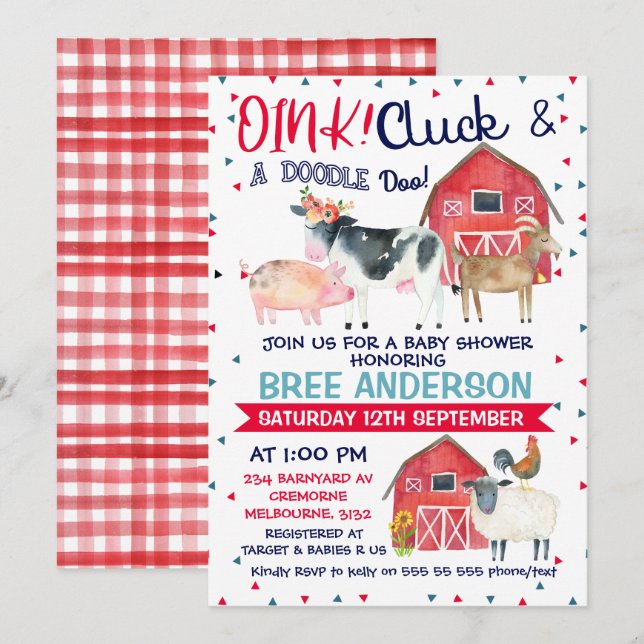 Watercolor farm themed baby shower invitation (Front/Back)