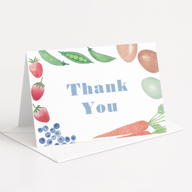 Watercolor Farmers Market Boy Baby Shower Thank You Card (Farmers Market baby boy shower thank you card with blue text and watercolor fruits and veggies)
