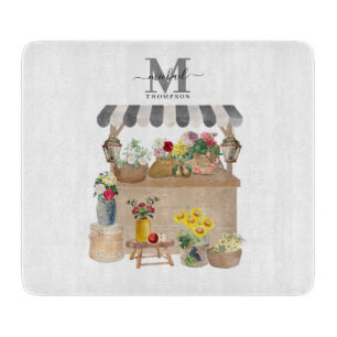 Watercolor Farmer's Market Floral Cart Monogram Cutting Board