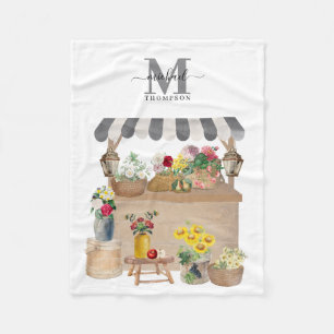 Watercolor Farmer's Market Floral Cart Monogram Fleece Blanket