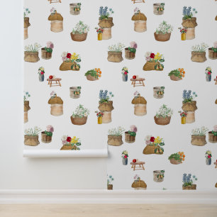 Watercolor Farmer's Market Flower Baskets Wallpaper
