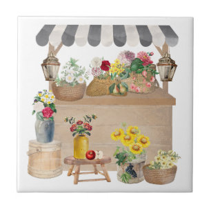 Watercolor Farmer's Market Flower Cart Kitchen Tile