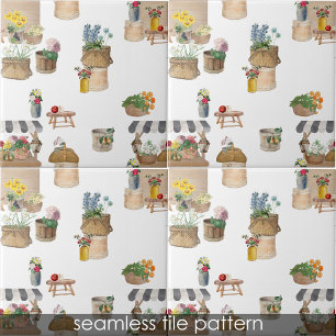 Watercolor Farmer's Market Flower Cart Kitchen Tile