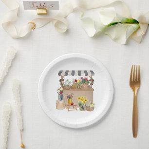 Watercolor Farmer's Market Flower Cart Stand Paper Plate