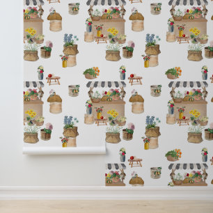 Watercolor Farmer's Market Flower Cart Stand Wallpaper