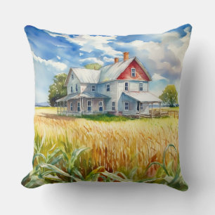 Watercolor Farmhouse and Corn Field Cushion