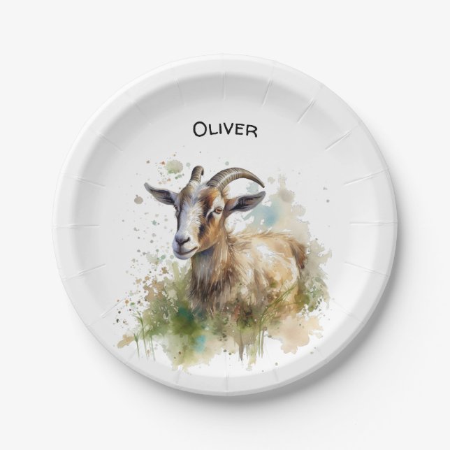 Watercolor Farmhouse Goat, custom Paper Plate (Front)