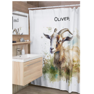Watercolor Farmhouse Goat, custom Shower Curtain