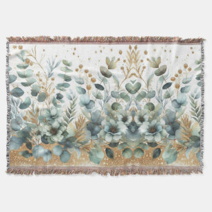 Watercolor Farmhouse Nature Foliage Green Gold  Throw Blanket