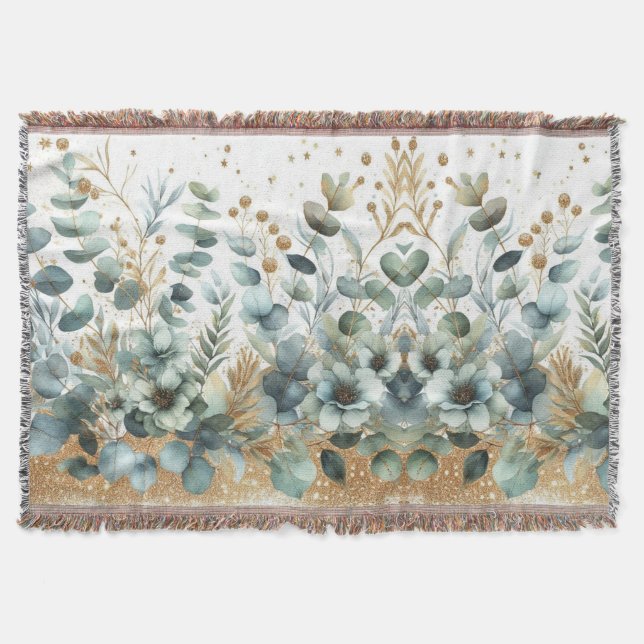 Watercolor Farmhouse Nature Foliage Green Gold  Throw Blanket (Front)