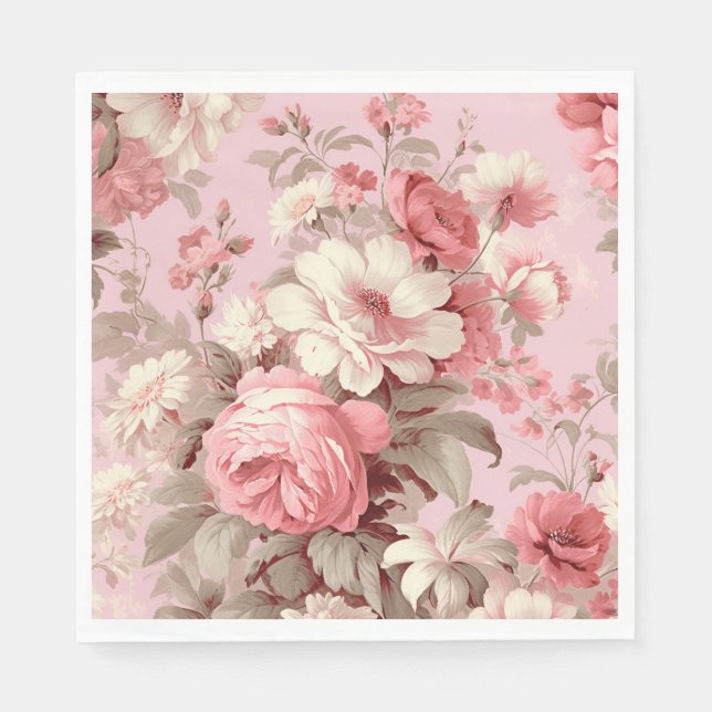 Watercolor Farmhouse Pink Roses & White Cosmos Napkin (Front)