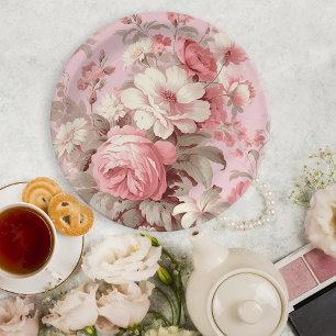 Watercolor Farmhouse Pink Roses & White Cosmos Paper Plate