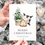 Watercolor Farmhouse Rustic Christmas Holiday Postcard<br><div class="desc">This cosy, rustic holiday postcard features a watercolor illustration of farmhouse-style pillows, a miniature Christmas tree, and a tiny house. The words "MERRY CHRISTMAS" appear in grey serif letters that coordinate with the art. Add your family's name and the year in charcoal grey italics, and your return address on the...</div>