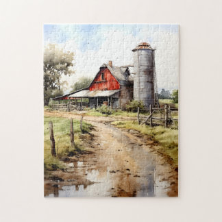 Watercolor Farmhouse with Silo Puzzle