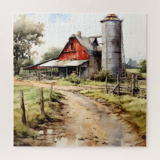 Watercolor Farmhouse with Silo Puzzle