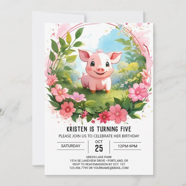Watercolor Farmyard Delight Pig Girl Birthday Invitation (Front)