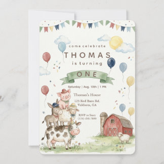 Watercolor Farmyard Friends Birthday Invitation