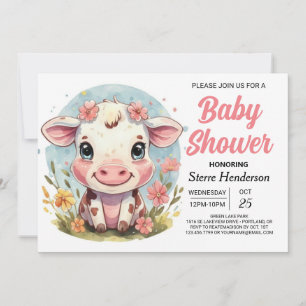 Watercolor Farmyard Modern Cow Baby Shower Invitation