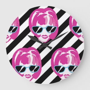 Watercolor Fashion Girls Faces Pattern Large Clock