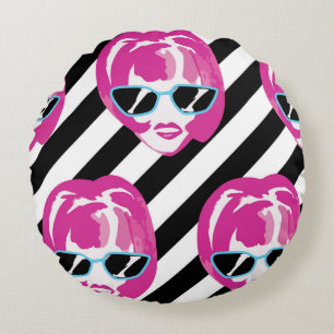 Watercolor Fashion Girls Faces Pattern Round Cushion