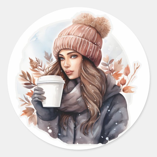 Watercolor fashion winter girl with coffee classic round sticker (Front)