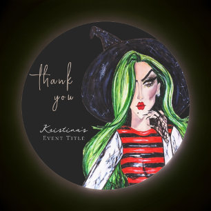 Watercolor Fashion Witch Black Thank You Classic Round Sticker