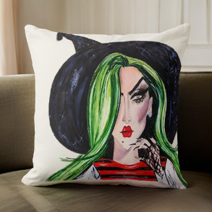 Watercolor Fashion Witch Halloween Cushion