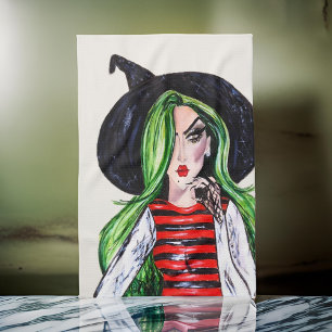 Watercolor Fashion Witch Halloween Tea Towel