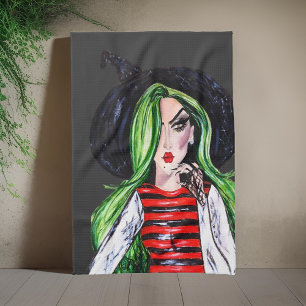 Watercolor Fashion Witch Halloween Tea Towel