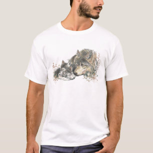 Watercolor Father Wolf & Cubs Animal Art T-Shirt