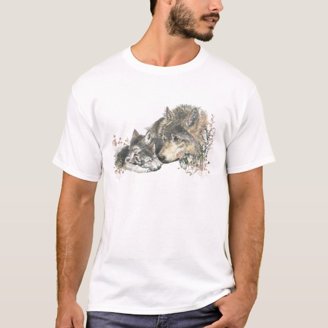 Watercolor Father Wolf & Cubs Animal Art T-Shirt (Front)