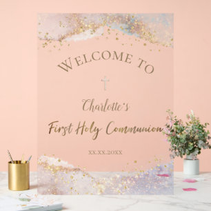 watercolor faux glitter First Communion welcome  Acrylic Sign