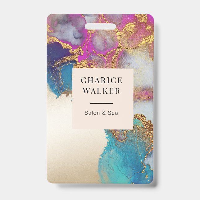 watercolor faux gold foil salon monogram name ID badge (Front)